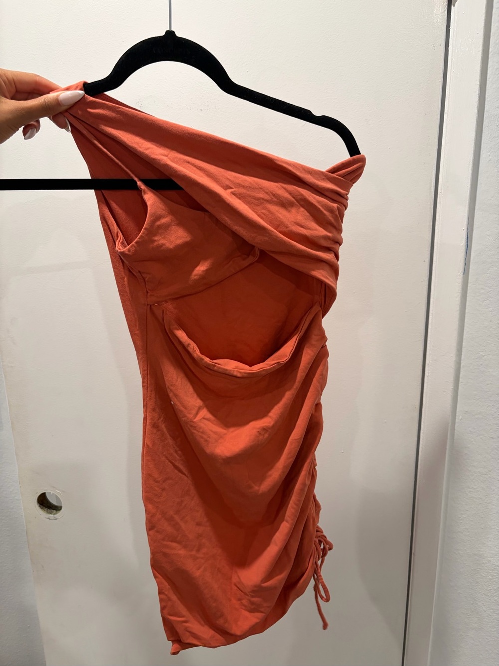 Oh Polly One-Shoulder Ruched Dress in Rust